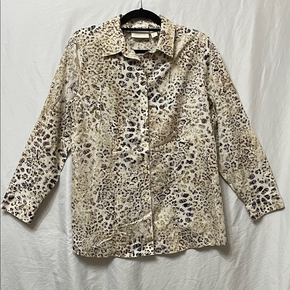Chico's Wrinkle-Free Leopard Animal Print Button Down Shirt, Cream Tan Brown, L